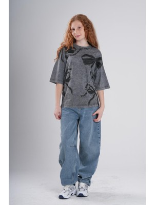 Haykids Kız Çocuk / Genç Fiyonk Baskılı Acid Wash Yıkamalı Oversize T-Shirt - "today Is The Day" Gri Pamuklu Tişört
