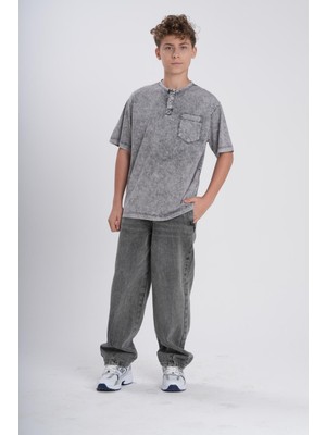 Haykids Erkek Çocuk / Genç Düğmeli Hakim Yaka Acid Wash Yıkamalı Oversize T-Shirt - Cepli Pamuklu Tişört