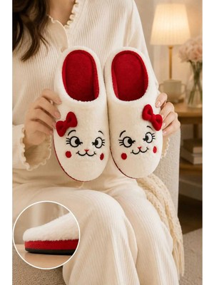 Slipcat Kadın, Fiyonklu, Sevimli Kedi Figürlü, Yumuşak Peluş Ev Terliği
