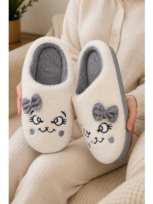 Slipcat Kadın, Fiyonklu, Sevimli Kedi Figürlü, Yumuşak Peluş Ev Terliği