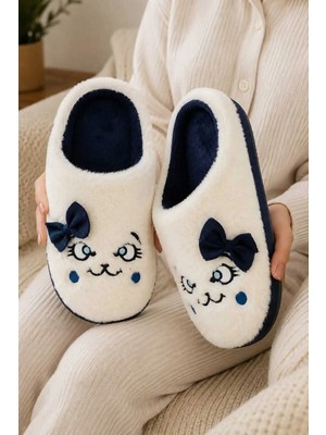 Slipcat Kadın, Fiyonklu, Sevimli Kedi Figürlü, Yumuşak Peluş Ev Terliği