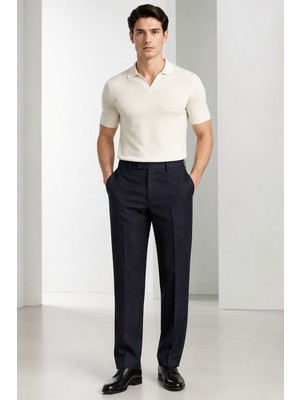 Bihan Store Erkek Slim Fit Yün Karışımlı Zeta Gabardin Kumaş Pileli Pantolon 004-LACIVERT