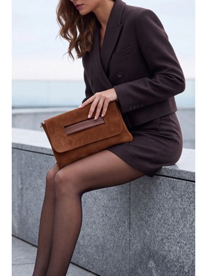Marjin Kadın Clutch Portföy Çarpaz Askılı El ve Omuz Çantası Sonira Taba Süet