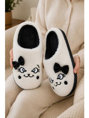 Slipcat Kadın, Fiyonklu, Sevimli Kedi Figürlü, Yumuşak Peluş Ev Terliği