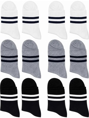 Fantezia Wak Unisex Çizgili Kısa Konç 12’li Bilek Çorabı, %80 Pamuklu Parfümlü, Dikişsiz Burun, Siyah Beyaz Gri, Yumuşak Günlük Spor Çorap