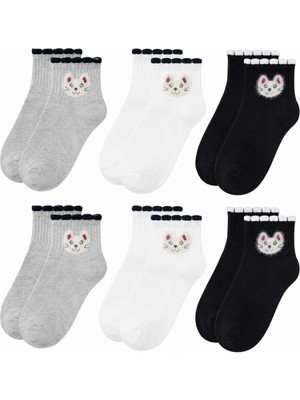 Fantezia Wak Kadın Kedi Desenli Kısa Konç Çorap 6’lı Paket, %80 Pamuklu Dikişsiz Burun, Nefes Alan Yumuşak Bilek Çorabı, Gri Siyah Beyaz