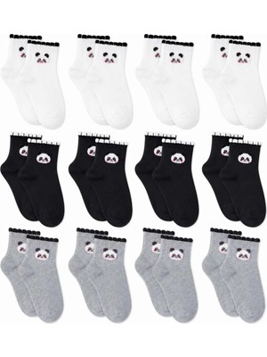 Fantezia Wak Kadın Panda Desenli Kısa Konç Çorap 12’li Paket, %80 Pamuklu Dikişsiz Burun, Nefes Alan Yumuşak Bilek Çorabı, Siyah Beyaz Gri