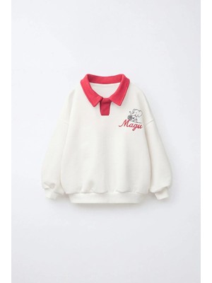 Çocuk Pamuklu Magu Fil Nakışlı Kırmızı Polo Yaka Ekru Sweatshirt