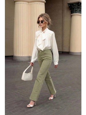 Markapia Kadın Yüksek Bel Likralı Wide Leg Haki Jean Pantolon