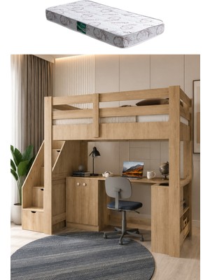Setay Rüzgar Ranza – Çalışma Masalı, Kitaplıklı ve Dolaplı Ranza - 1 Adet Comfort Yatak