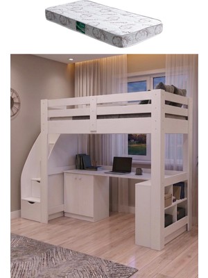Setay Rüzgar Ranza – Çalışma Masalı, Kitaplıklı ve Dolaplı Ranza - 1 Adet Comfort Yatak