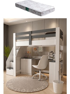 Setay Rüzgar Ranza – Çalışma Masalı, Kitaplıklı ve Dolaplı Ranza - 1 Adet Comfort Yatak
