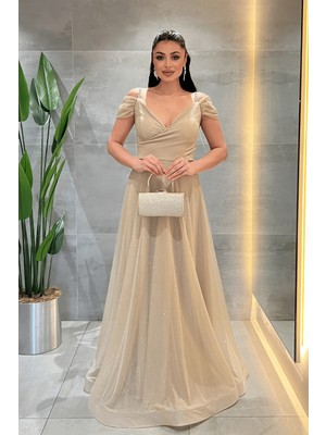Giyimmasalı Simli Kumaş Kayık Yaka Abiye Elbise - GOLD-39899