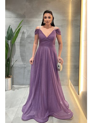 Giyimmasalı Simli Kumaş Kayık Yaka Abiye Elbise - LİLA-39899