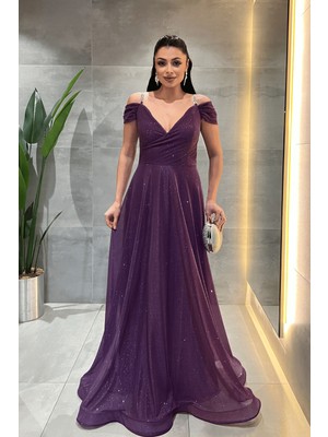 Giyimmasalı Simli Kumaş Kayık Yaka Abiye Elbise - Patlıcan MOR-39899