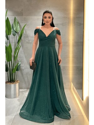 Giyimmasalı Simli Kumaş Kayık Yaka Abiye Elbise - Zümrüt YEŞİL-39899