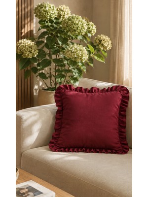 YUNUSOĞLU HOME 1 Adet Bordo Fırfırlı Dekoratif Kırlent Kılıfı %100 Pamuk 45X45 cm