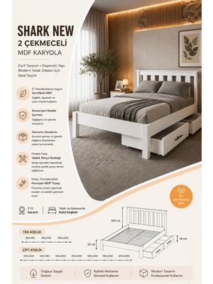 Renazzo Mobilya Shark New 2 Çekmeceli Tek Kişilik Mdf Karyola