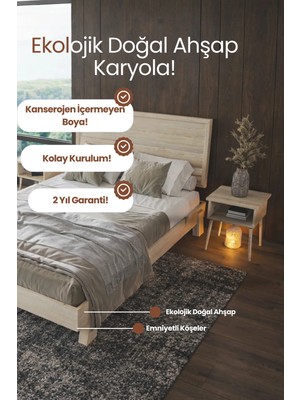 Renazzo Mobilya Hüma Model Yatay Başlıklı Masif Ahşap Karyola Kolay Kurulum Fırınlanmış Ithal Sibirya Çamı 90X190 Yatak Uyumlu