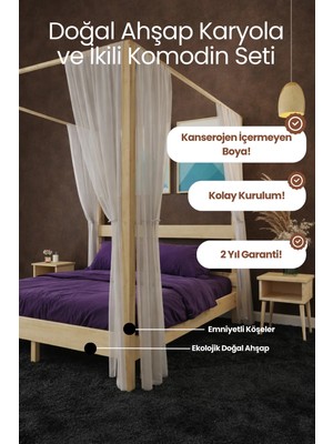 Renazzo Mobilya Natura  Ci̇bi̇nli̇kli̇ Model Masif Ahşap Karyola ve 2 Adet Komodin Kolay Kurulum Fırınlanmış Ithal Sibirya Çamı 90X190 Yatak Uyumlu 2 Adet Komodin
