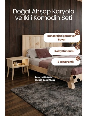 Renazzo Mobilya Hüma Model Dikey Başlıklı Masif Ahşap Karyola ve 2 Adet Komodin Kolay Kurulum Fırınlanmış Ithal Sibirya Çamı 90X190 Yatak Uyumlu 2 Adet Komodin