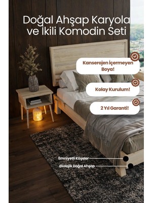 Renazzo Mobilya Hüma Model Yatay Başlıklı Masif Ahşap Karyola ve 2 Adet Komodin Kolay Kurulum Fırınlanmış Ithal Sibirya Çamı 90X190 Yatak Uyumlu 2 Adet Komodin