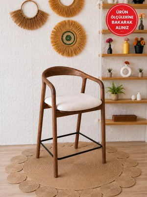 Silla Kollu Yılan Bar Sandalyesi Teddy Krem Kumaş Ceviz Ahşap Ada Sandalye