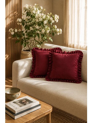 YUNUSOĞLU HOME 2’li Bordo Fırfırlı Dekoratif Kırlent Kılıfı %100 Pamuk 45X45 cm