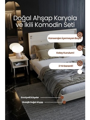 Renazzo Mobilya Alaz Model Yatay Başlıklı Masif Ahşap Karyola ve 2 Adet Komodin Kolay Kurulum Fırınlanmış Ithal Sibirya Çamı 90X190 Yatak Uyumlu 2 Adet Komodin