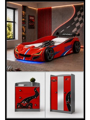 Setay Formula Genç Odası, 3 Kapılı Dolap, Turbo Gtı Arabalı Yatak, Şifonyer - Kırmızı