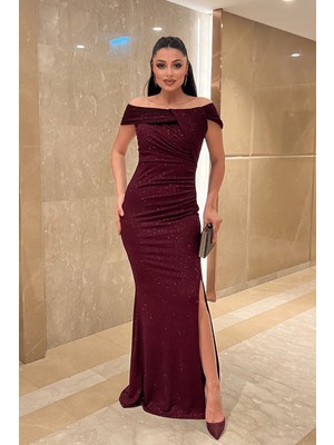 Giyimmasalı Simli Kumaş Tasarım Drape Detaylı Büyük Beden Abiye Elbise - BORDO-41126