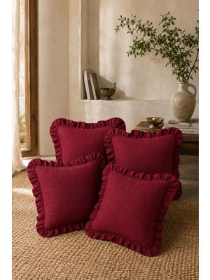 YUNUSOĞLU HOME 4’lü Bordo Fırfırlı Dekoratif Kırlent Kılıfı %100 Pamuk 45X45 cm