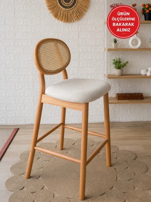 Silla Oslo Bar Sandalyesi Teddy Krem Kumaş Hasırlı Naturel Ahşap Ada Sandalye