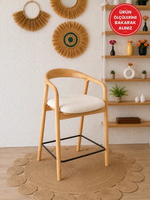 Silla Kollu Yılan Bar Sandalyesi Teddy Krem Kumaş Naturel Ahşap Ada Sandalye