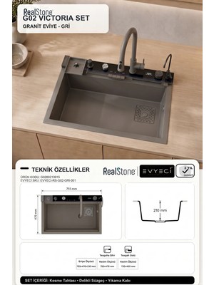 Real Stone RealStone Victoria Set A02 Gri Akıllı Granit Mutfak Evyesi 75,5 x 47 cm