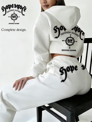 Macklin Unisex Kadın Erkek Hope House Sırt ve Bel Yazı Baskılı Oversize 3 Iplik Kapüşonlu Sweatshirt ve Baggy Eşofman Altı