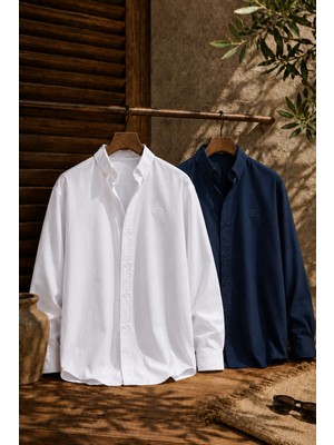 Respire Erkek Minimal Baskılı Oversize Dokulu Gömlek 2'li Set Beyaz-Lacivert