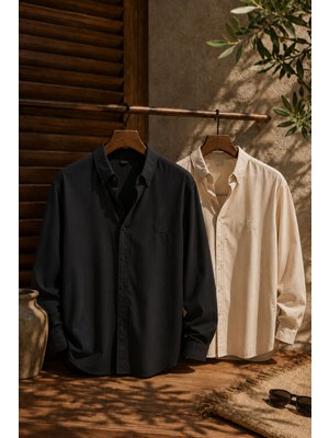 Respire Erkek Minimal Baskılı Oversize Dokulu Gömlek 2'li Set Siyah-Bej