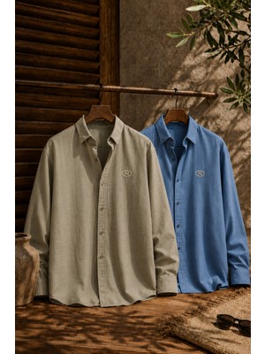 Respire Erkek Müslin Oversize Gömlek 2'li Set Haki-Prada