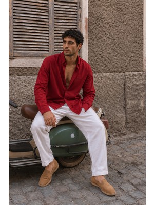 Respire Erkek Minimal Baskılı Oversize Dokulu Gömlek Bordo