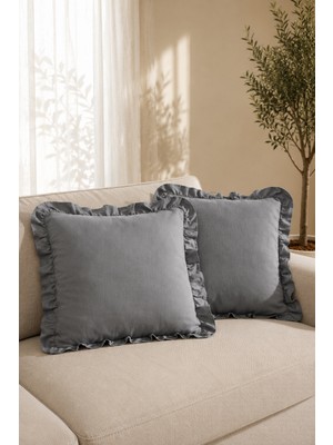 YUNUSOĞLU HOME 2’li Antrasit Fırfırlı Dekoratif Kırlent Kılıfı %100 Pamuk 45X45 cm