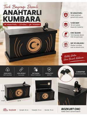 Bozkurt Cnc Türk Bayrağı Desenli 2 Anahtarlı Kilitli Kumbara %100 Mdf Cnc Işleme Şık Dekoratif