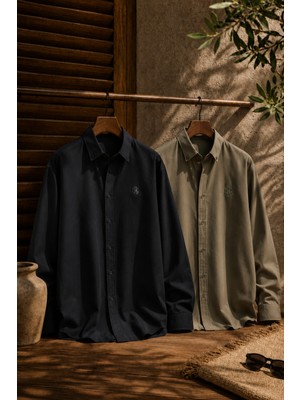 Respire Erkek Nefes Alabilen Oversize Modal Gömlek 2'li Set Siyah-Haki