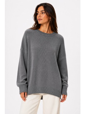 Vadon 1039 Kadın Salaş Yumuşak Dokulu Oversize Basic Triko Kazak Antrasit