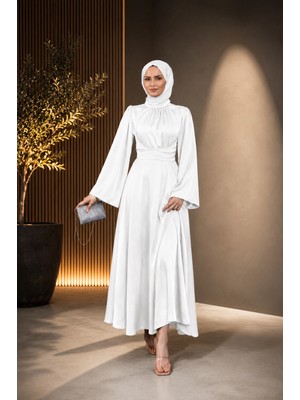 Style Nişantaşı Ispanyol Kol Beli Dolamalı Kemerli Zara Saten Abiye Elbise