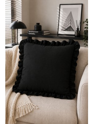 YUNUSOĞLU HOME 1 Adet Siyah Fırfırlı Dekoratif Kırlent Kılıfı %100 Pamuk 45X45 cm