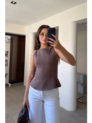 Magarde Peplum Detaylı Yandan Fermuarlı Bluz- Kahverengi