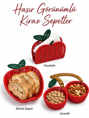 Rosie Hasır Görünümlü Kiraz Sepet Seti – Ekmek Sepeti, Çerezlik ve Peçetelik 3’lü Set