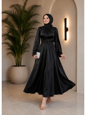 Style Nişantaşı Ispanyol Kol Beli Dolamalı Kemerli Zara Saten Abiye Elbise