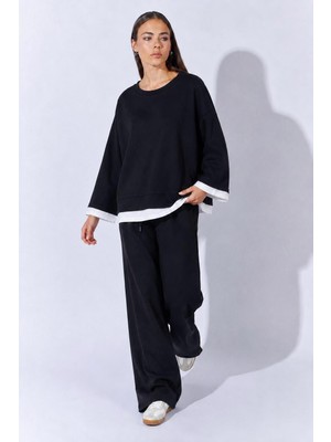 Tena Kadın Siyah Bisiklet Yaka Kol Etek Ucu Süprem Detaylı Modal Sweatshirt